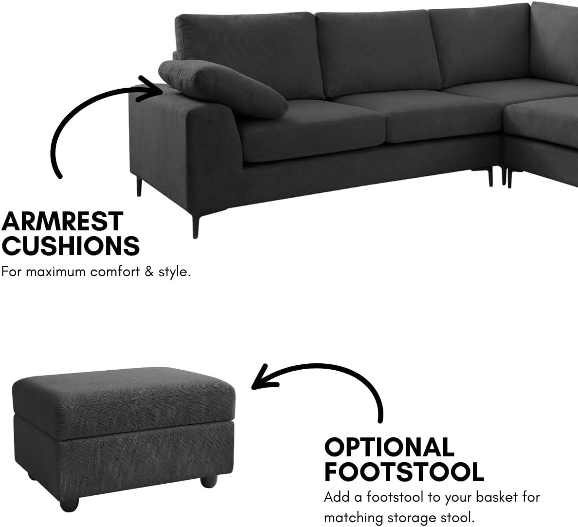 Charcoal Linen Left Hand Corner Sofa 5 Seater L-Shape + Storage Option