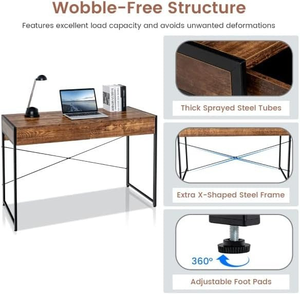 Rustic Brown Computer Desk with 2 Drawers & Metal Frame