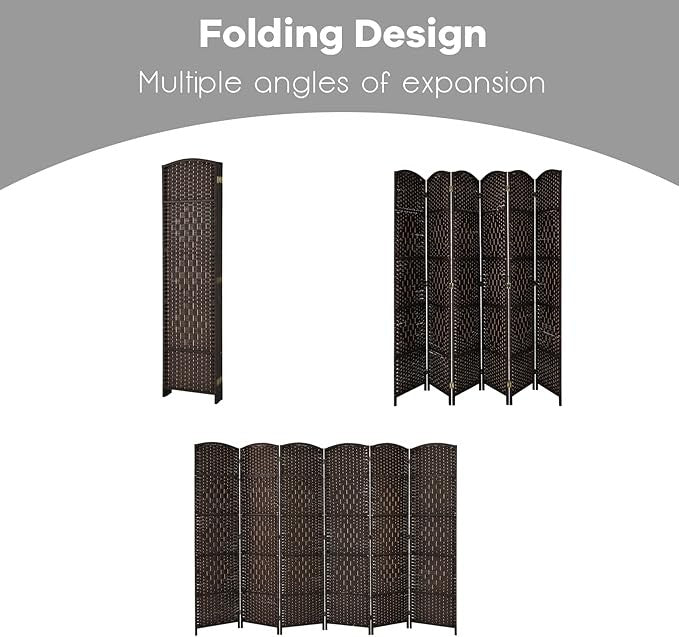 6 Panel Folding Room Divider – Brown Woven Privacy Screen for Bedroom