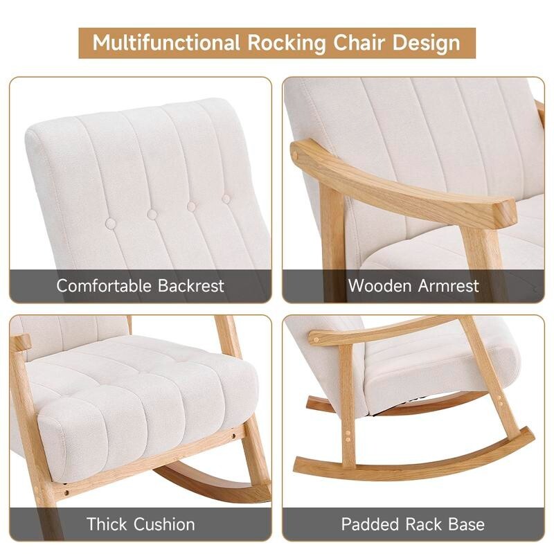 Beige Velvet Rocking Chair Tufted Armchair with Wooden Frame Lounge Seat