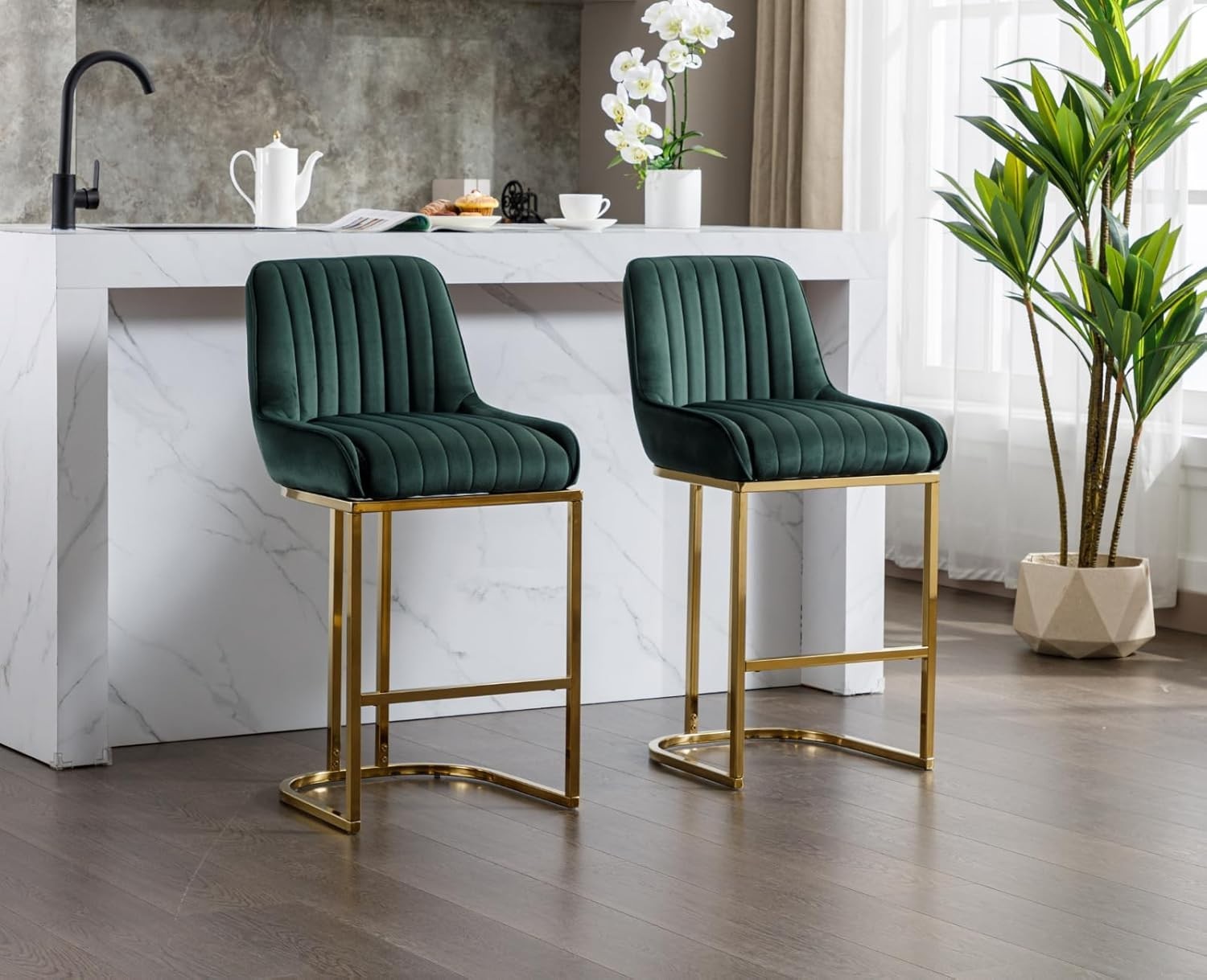 Bar Stools Set of 2 | Green Velvet L-Shaped Counter Dining Chairs