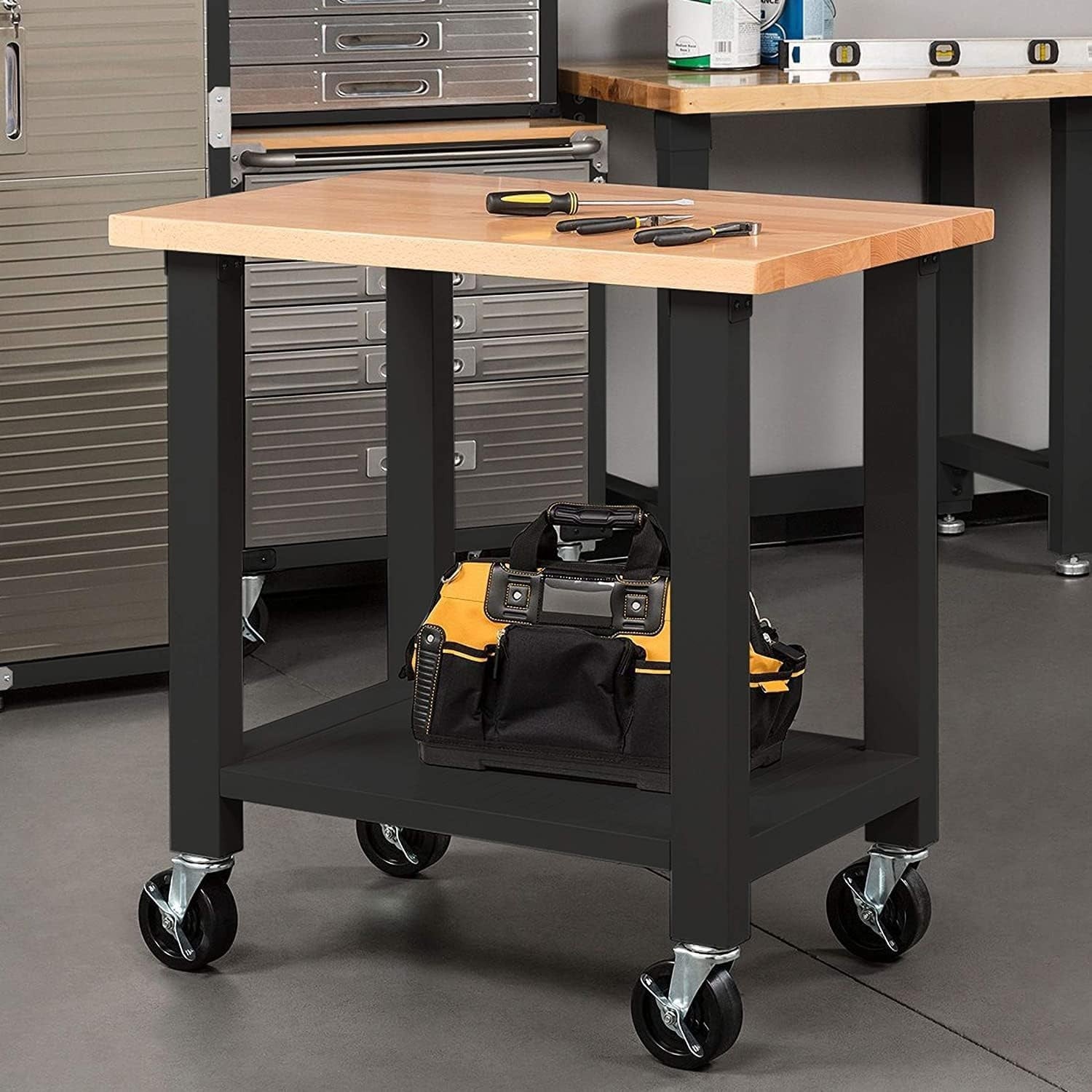 Mobile Workstation 3ft Heavy Duty Wood Top Rolling Bench with Shelf Castors