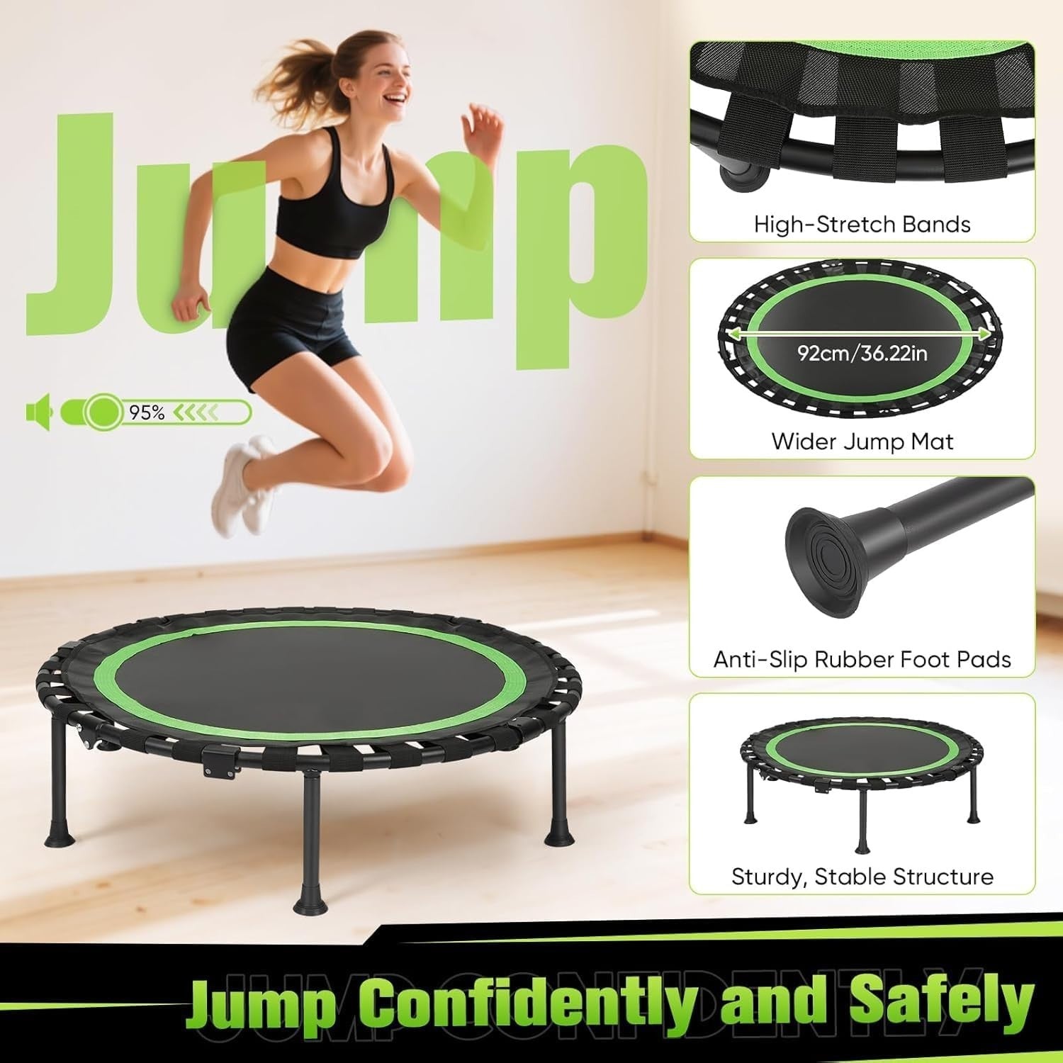 Quiet Folding Fitness Trampoline w Handle 5 Height Levels 150kg