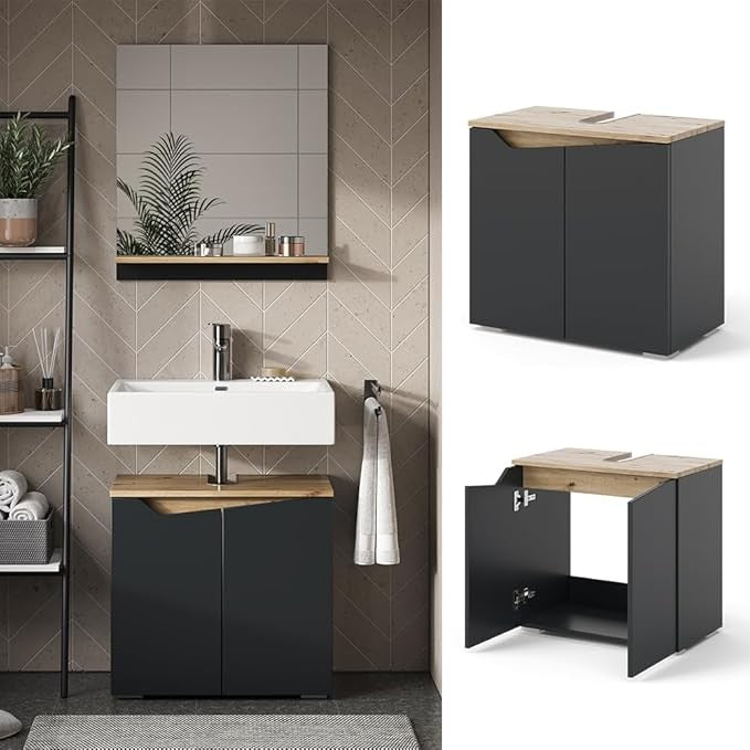 Anthracite Oak Bathroom Sink Cabinet 60x57.5cm Modern Vanity Storage Unit