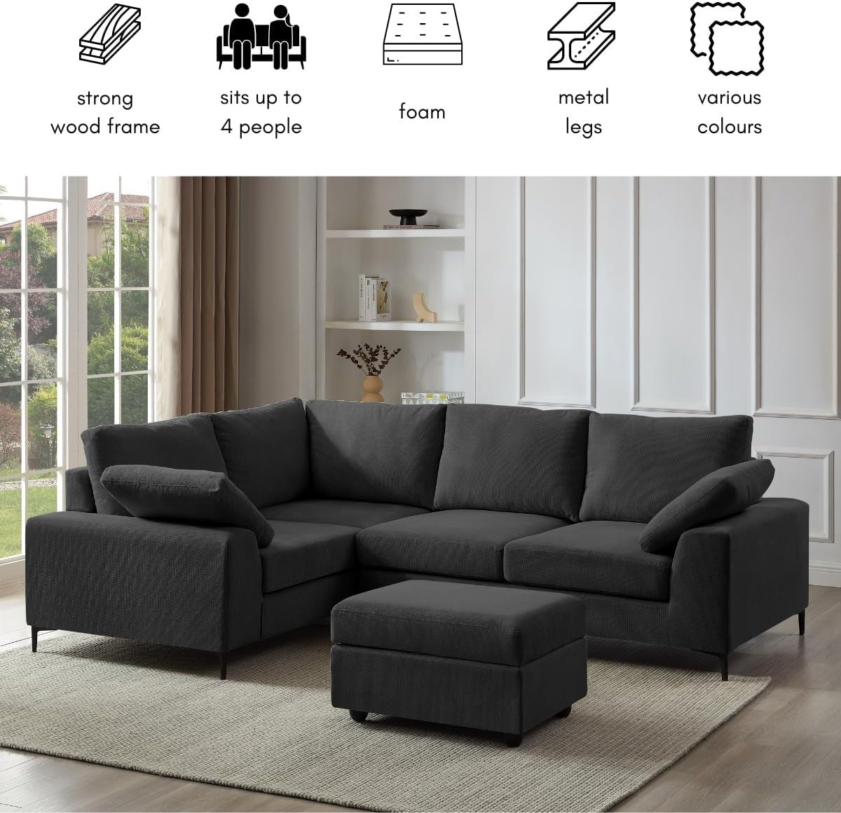 Charcoal Linen Left Hand Corner Sofa 5 Seater L-Shape + Storage Option