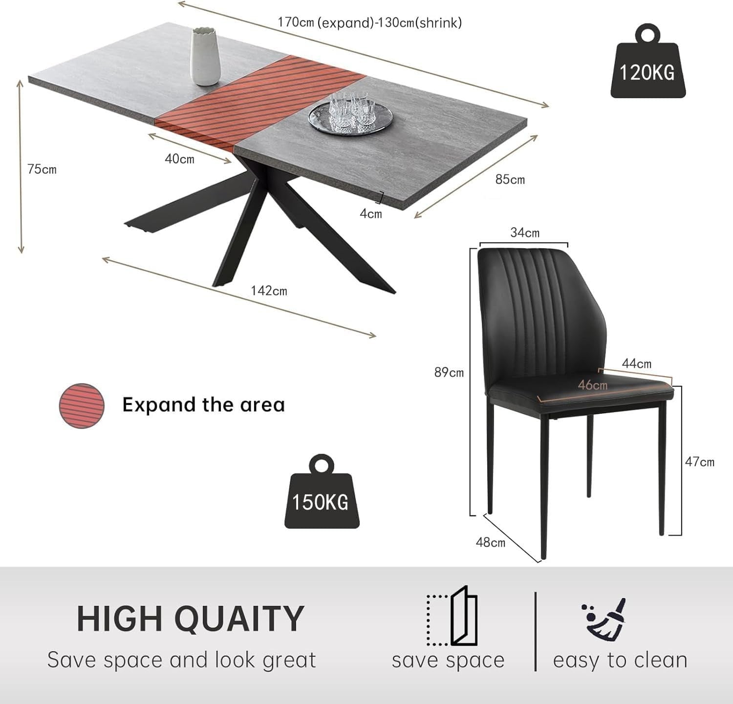 Extendable Dining Table Set 6 Black Chairs MDF Kitchen Living Room Furniture
