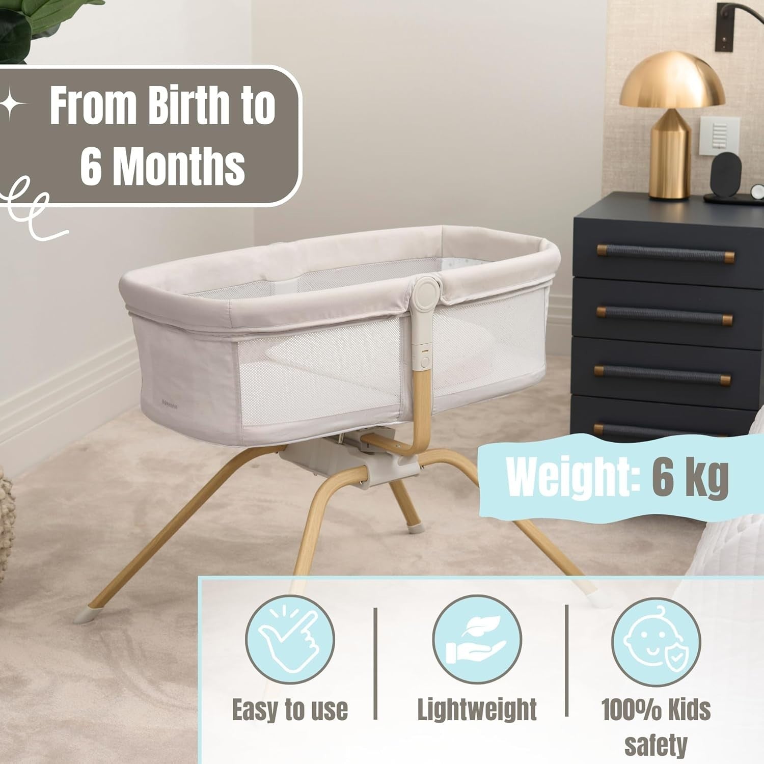 Gliding Baby Crib with Mattress Portable Lightweight Travel Bassinet Light Grey