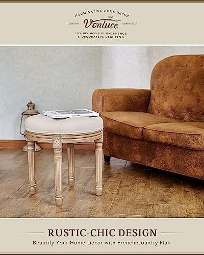 Round Vintage Ottoman Stool Tufted Upholstered Cushion Seat 45cm Beige