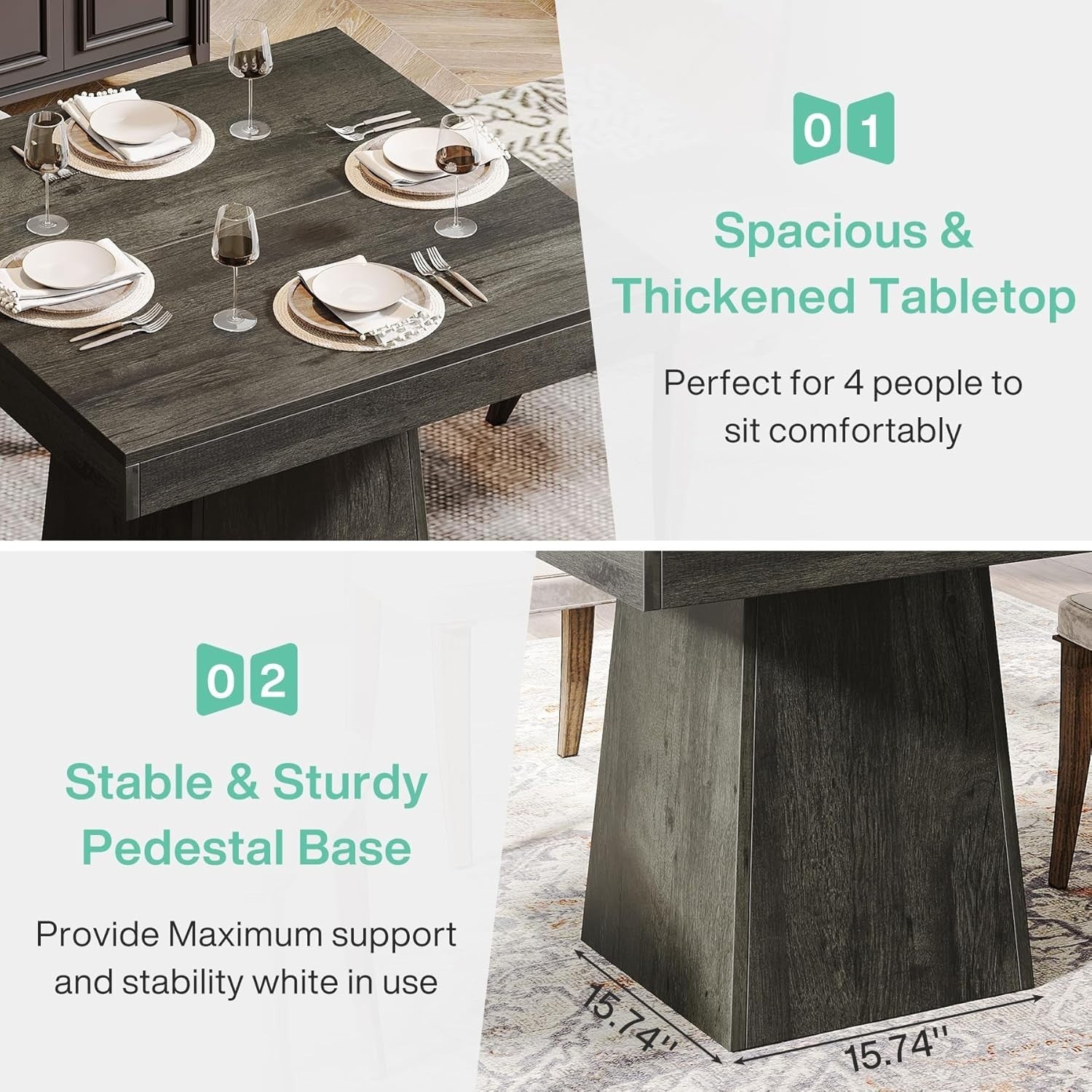 31.5" Square Dining Table Gray Pedestal Base for Kitchen & Small Spaces