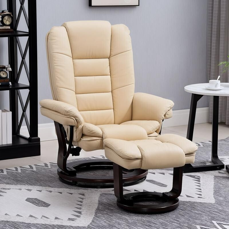 Recliner Chair & Footrest PU Leather Swivel Lounge Armchair w/ Wood Base