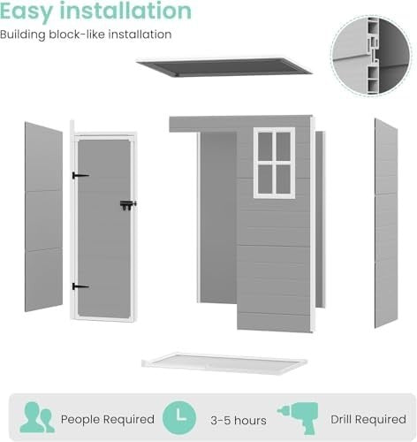 Plastic Garden Shed 5x3FT Outdoor Storage with Lock, Window & Floor Grey White