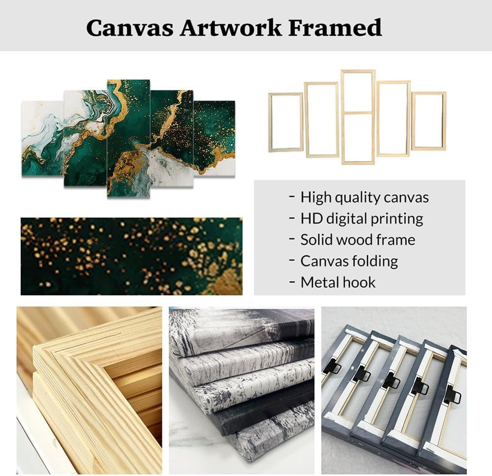 Green Gold Abstract Canvas Wall Art 5 Panel Framed Set