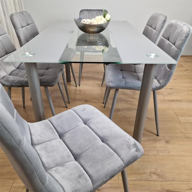 Glass Dining Table Set with 6 Grey Velvet Chairs Modern Kitchen 140cm