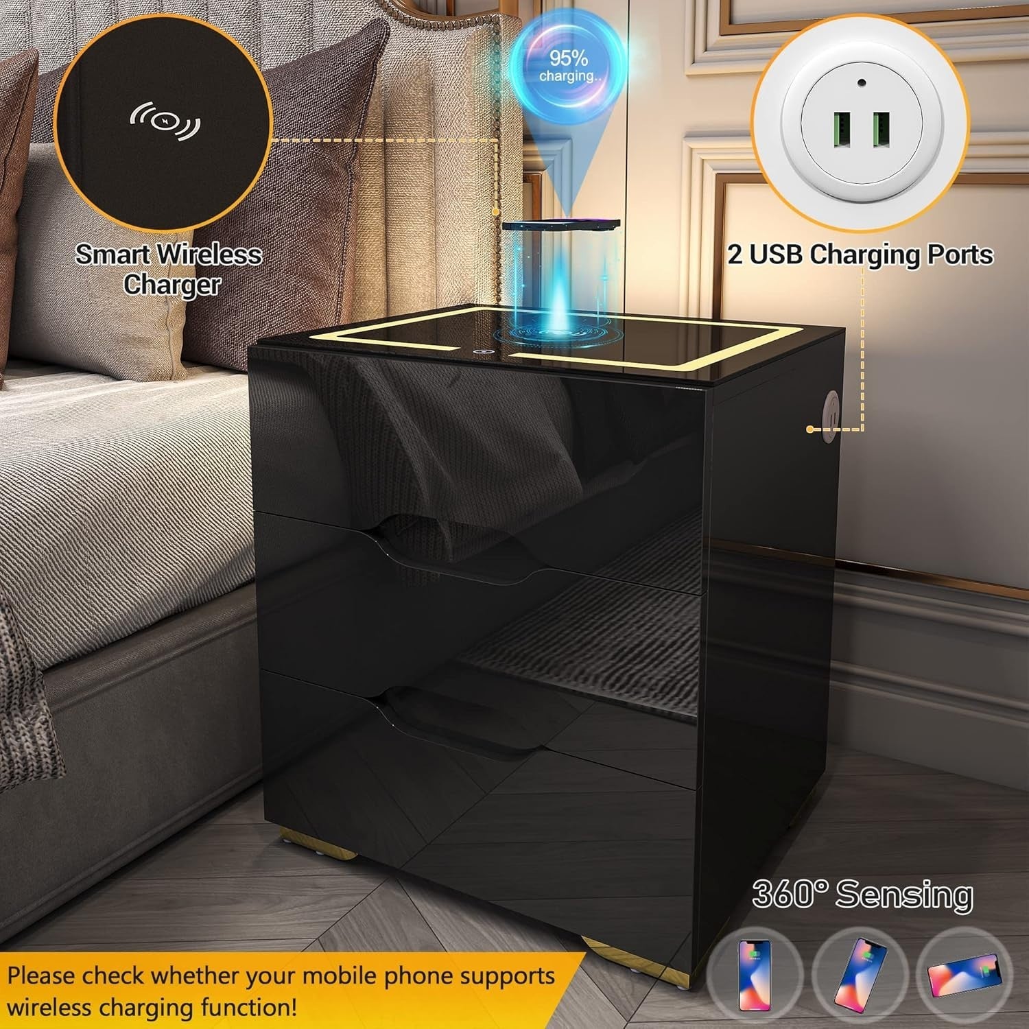 Black High Gloss Bedside Table with Wireless & USB Charging, LED Light, 3 Drawer