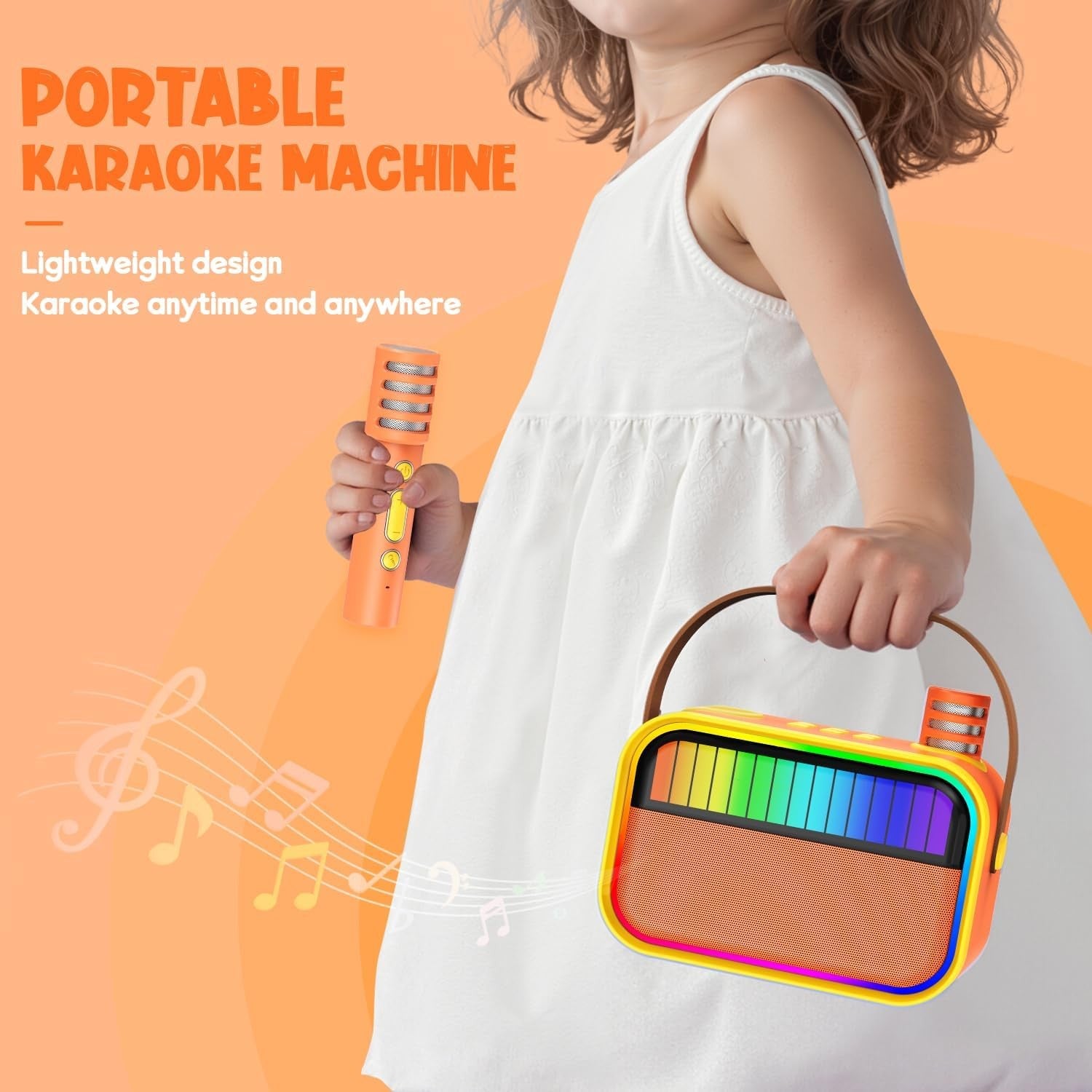 Kids Karaoke Machine 2 Mics Bluetooth LED Party Speaker Orange
