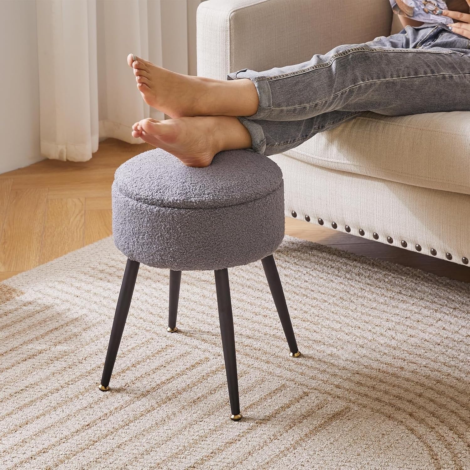 Grey Teddy Fur Vanity Stool with Storage – Round Ottoman Chair with Metal Legs