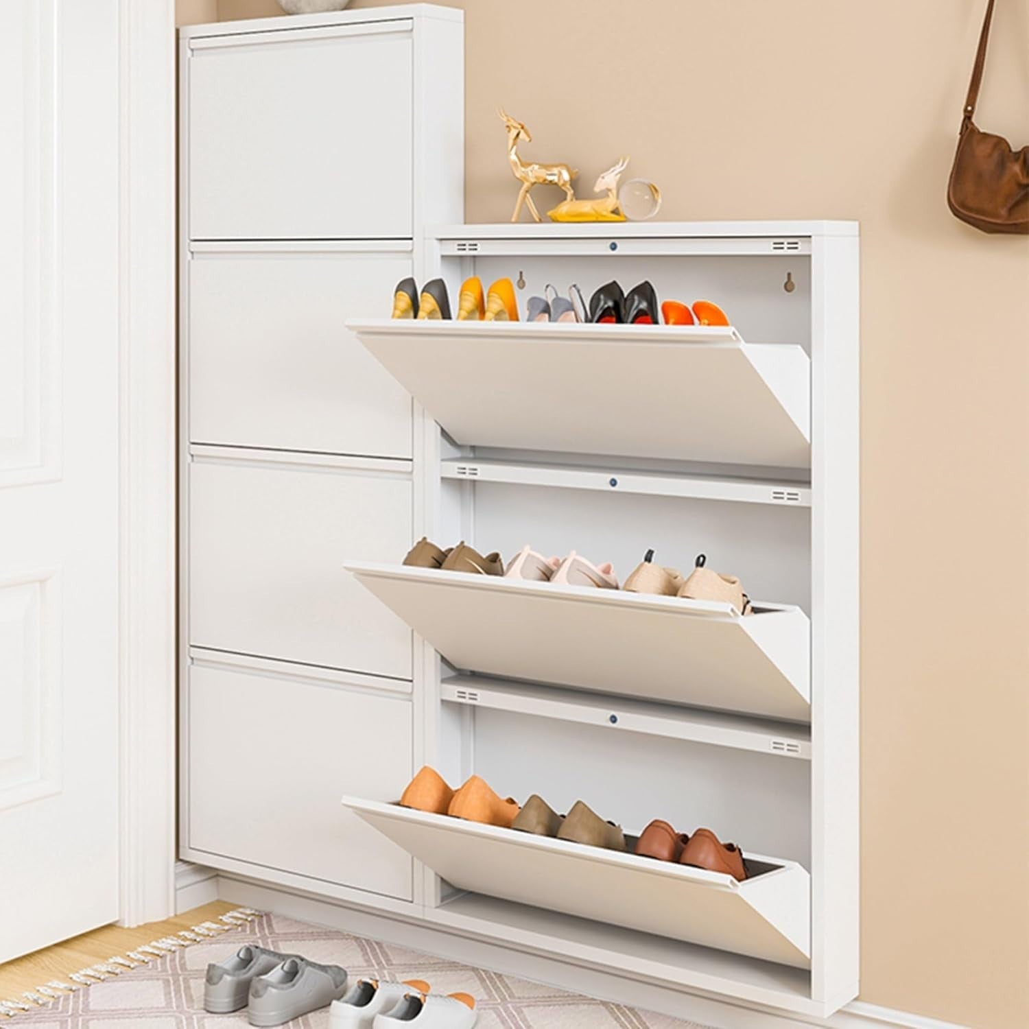 Slim Lockable Flip-Down Shoe Storage Cabinet with Doors for Small Spaces