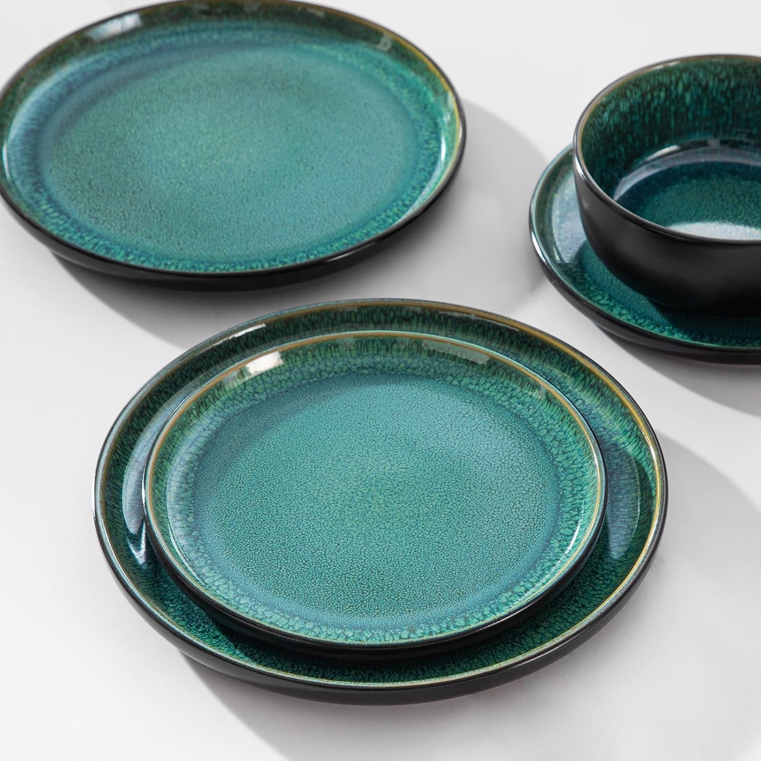 18pc Green Stoneware Dinner Set Reactive Glaze Plates Bowls Microwave Safe