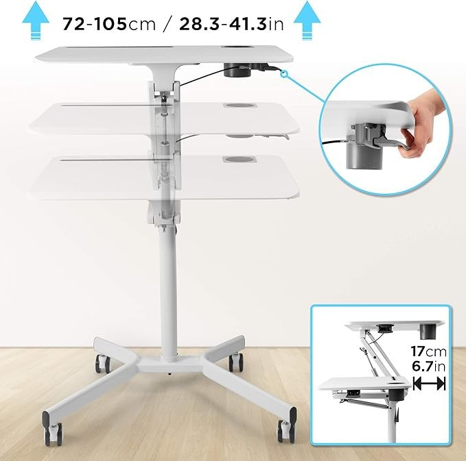 Mobile Sit Stand Laptop Desk on Wheels Adjustable Ergonomic Workstation White