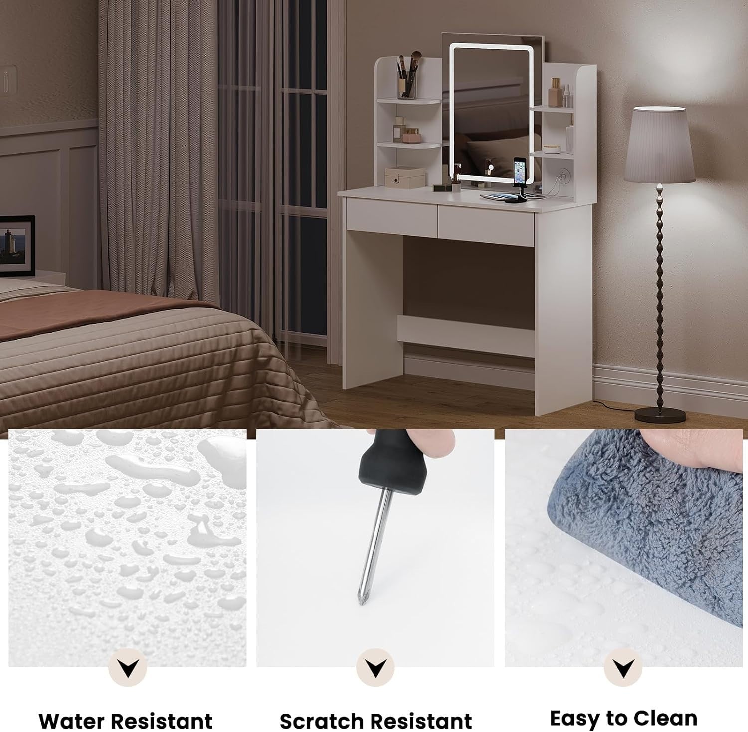 White Vanity Dressing Table Set LED Mirror Glass Top Charging Station 5 Drawers