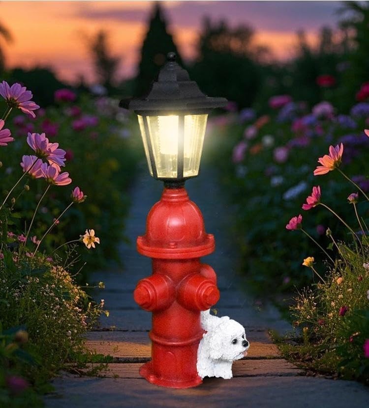 Puppy Garden Ornament with Hydrant & Solar Lamp • Resin Outdoor Statue Decor
