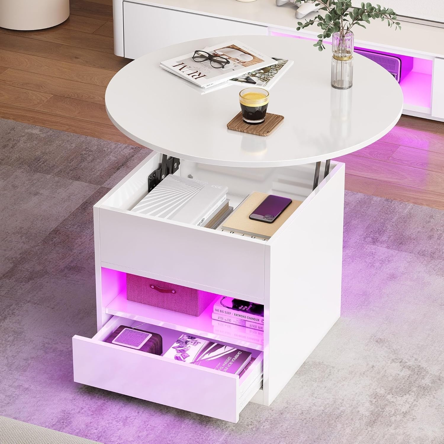 Modern White Round Lift Top Coffee Table with Storage & RGB LED Lights