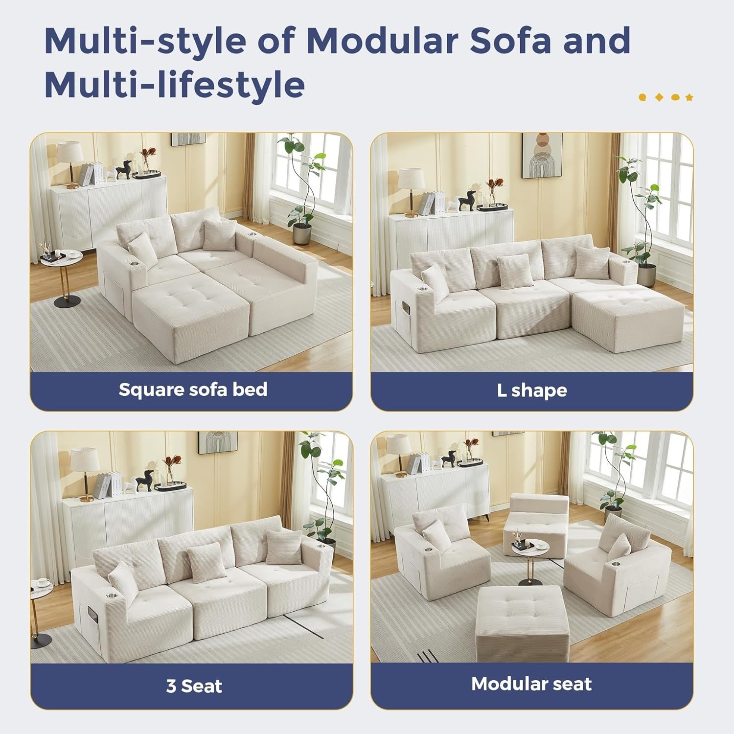 L-Shaped Corner Sofa with Memory Foam Seat & Cup Holder No Assembly
