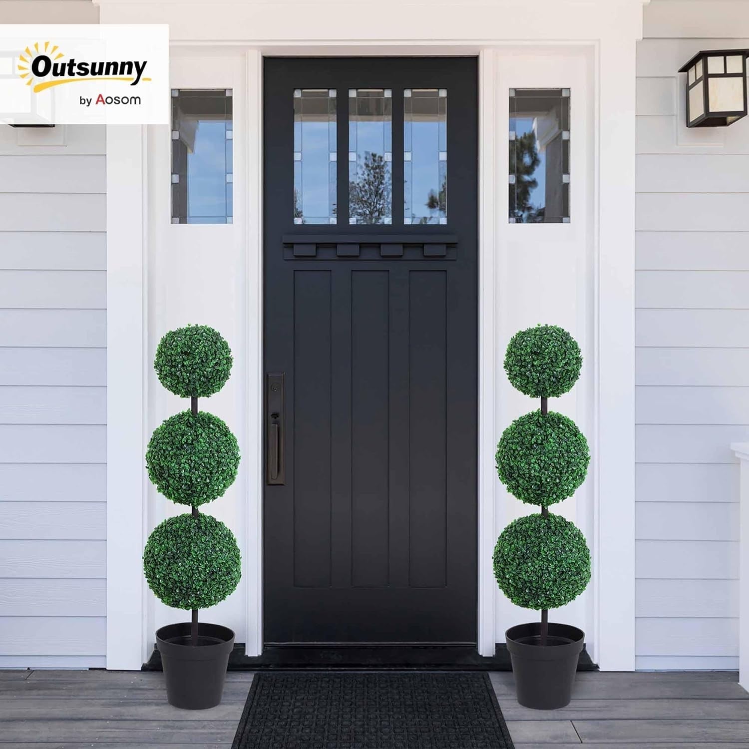 Set of 2 Artificial Boxwood Ball Trees 112cm Faux Green 3 Ball Topiary Decor