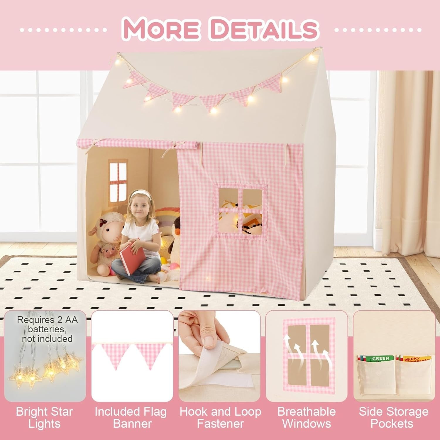 Pink Kids Castle Play Tent with Mat Star Lights Fairy Indoor House