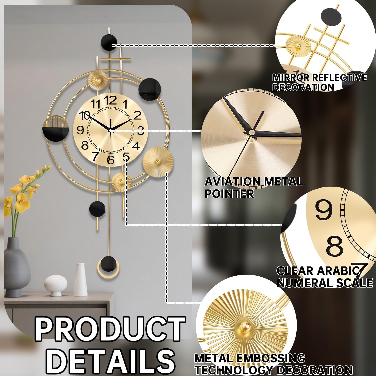 39×71cm Gold Modern Pendulum Wall Clock – Silent Quartz Large Decorative Clock
