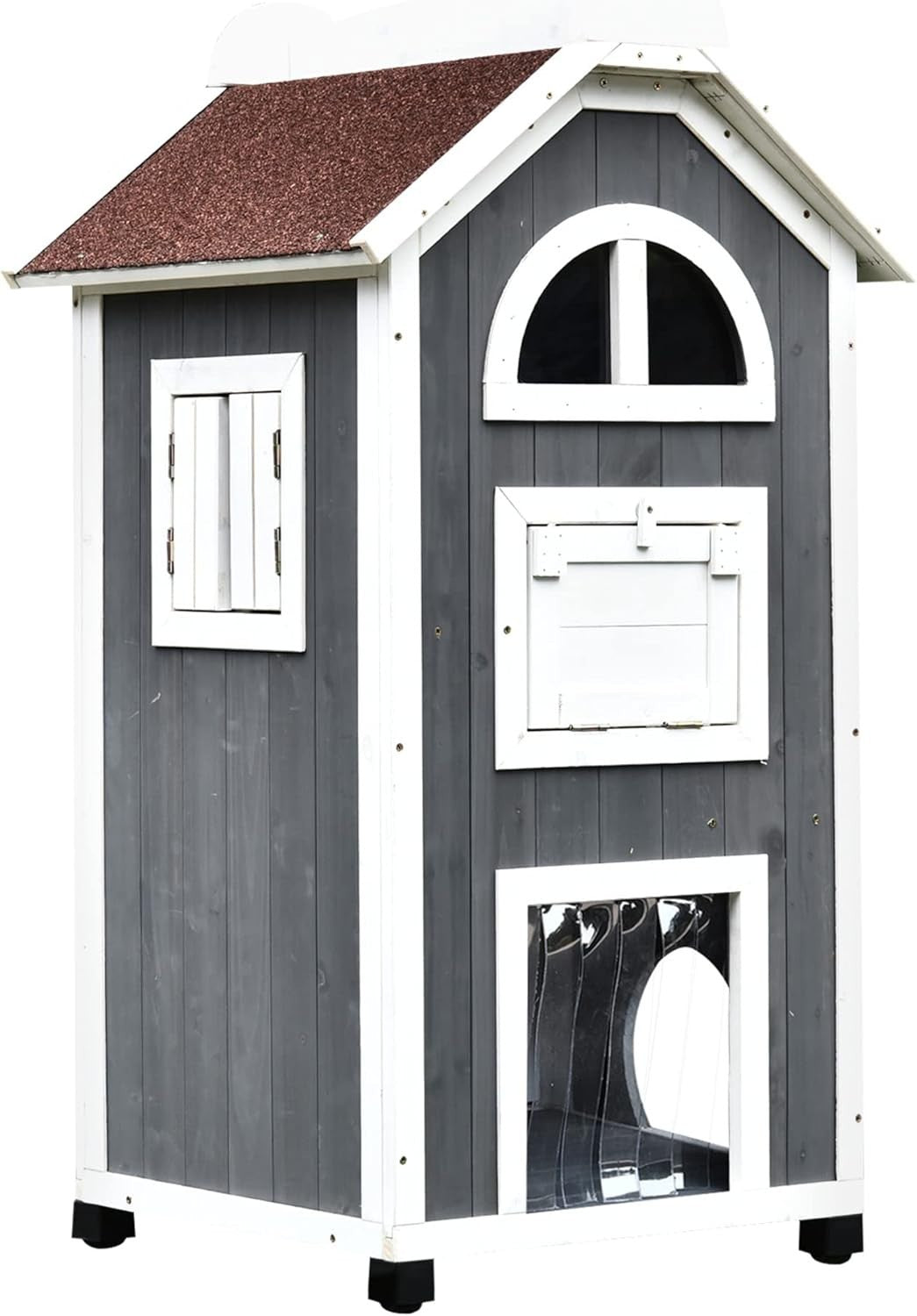 Outdoor Wooden Cat House 2-Floor Condo with Stairs & Weatherproof Roof