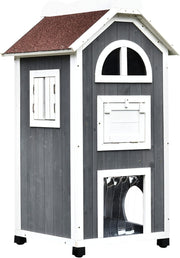 Outdoor Wooden Cat House 2-Floor Condo with Stairs & Weatherproof Roof