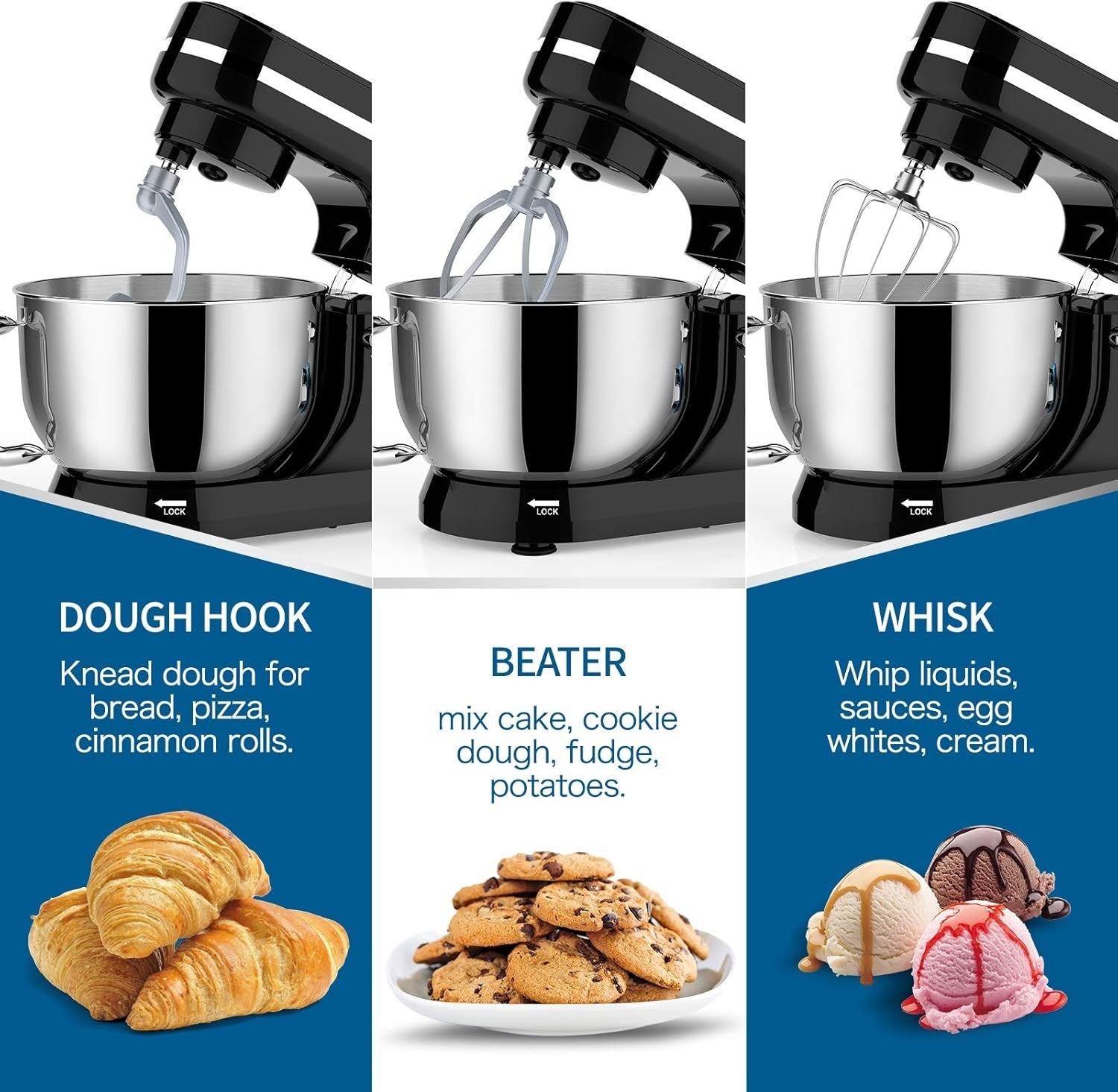 5QT 1000W Stand Mixer 8-Speed Tilt-Head Food Mixer Stainless Steel Black