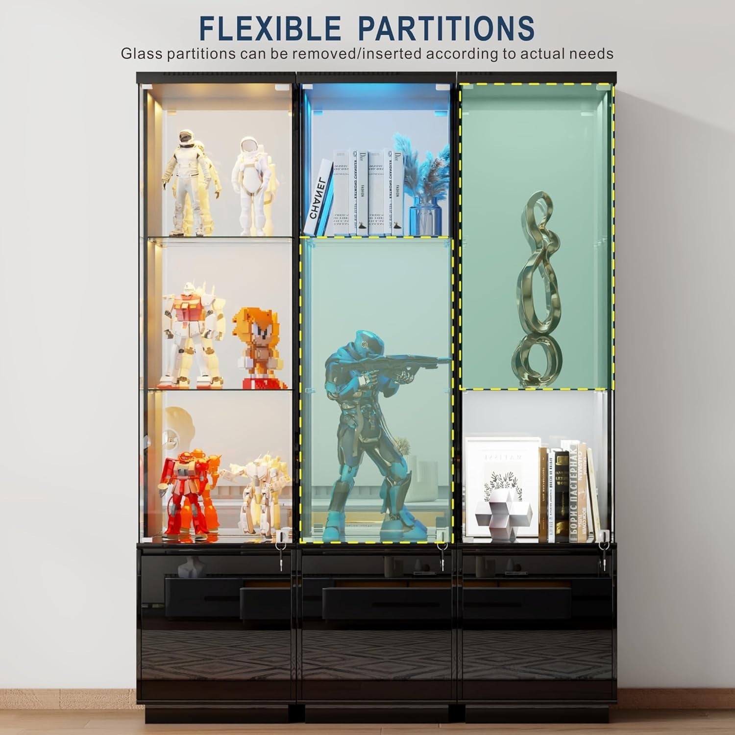 Tall Glass Display Cabinet w/ Lights & Lock | Modern 3-Tier Storage Unit