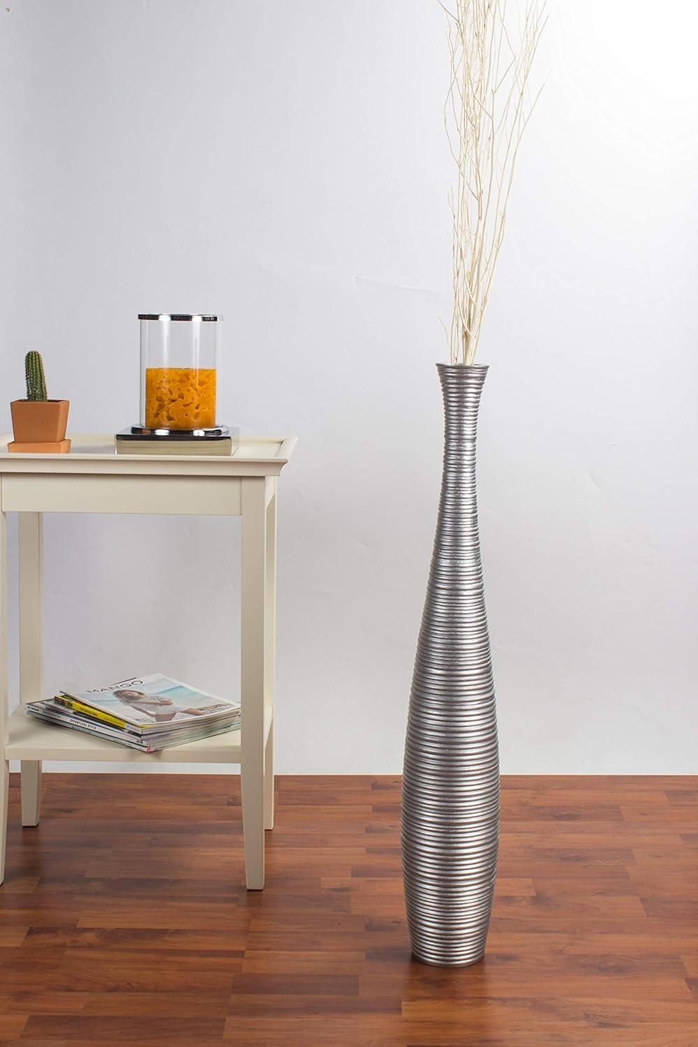 Silver Floor Vase 65cm Tall Wooden Decor for Pampas Grass