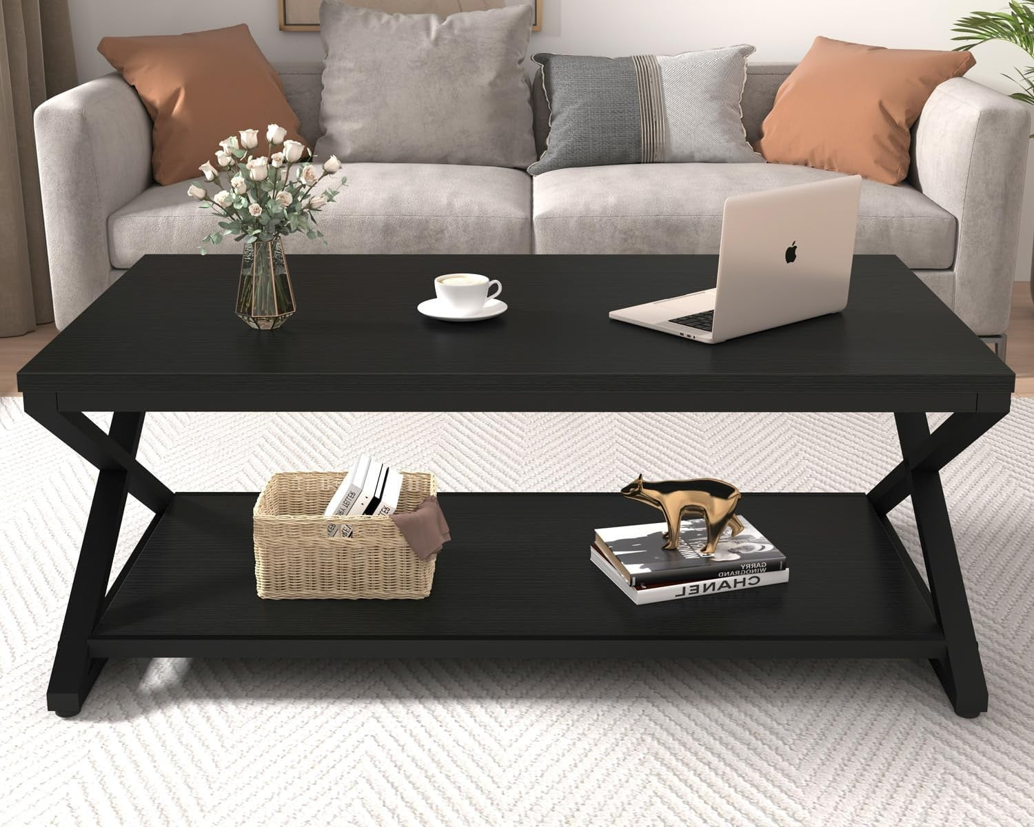 Industrial Black Coffee Table with Storage Shelf – Modern 47" Metal Wood Design