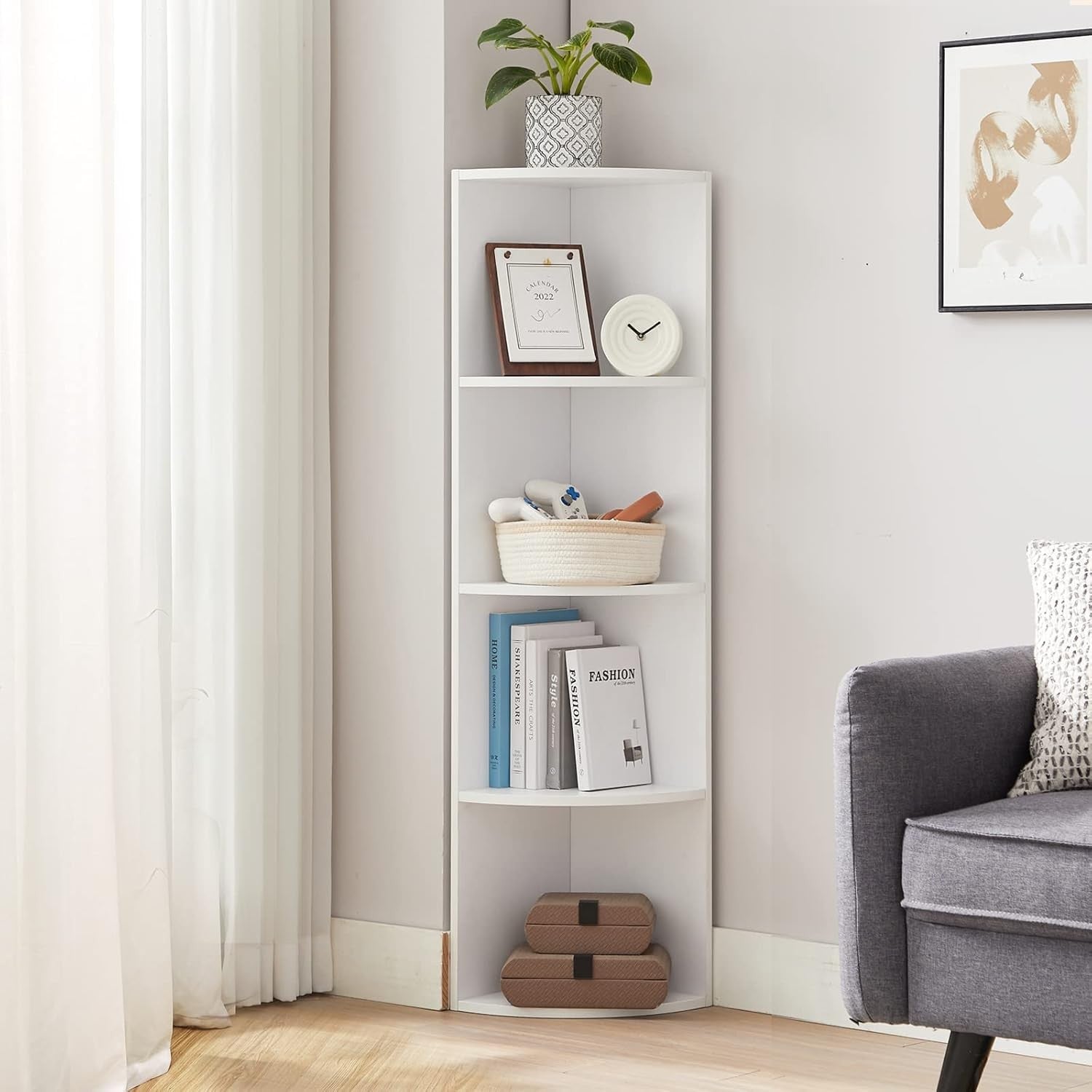 4-Tier White Corner Shelf Unit Modern Space-Saving Display & Storage Rack