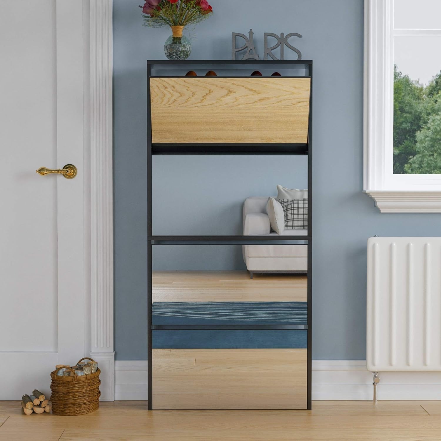 Mirrored Shoe Cabinet Black | 4 Drawer Slim Storage Unit 63x17x134cm
