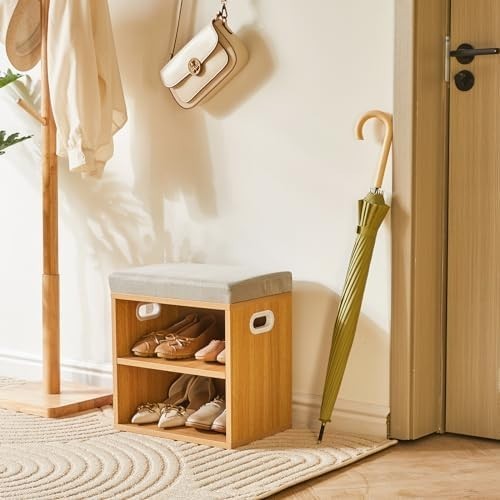 Natural 2 Tier Shoe Bench with Cushion Adjustable Storage Rack for Entryway