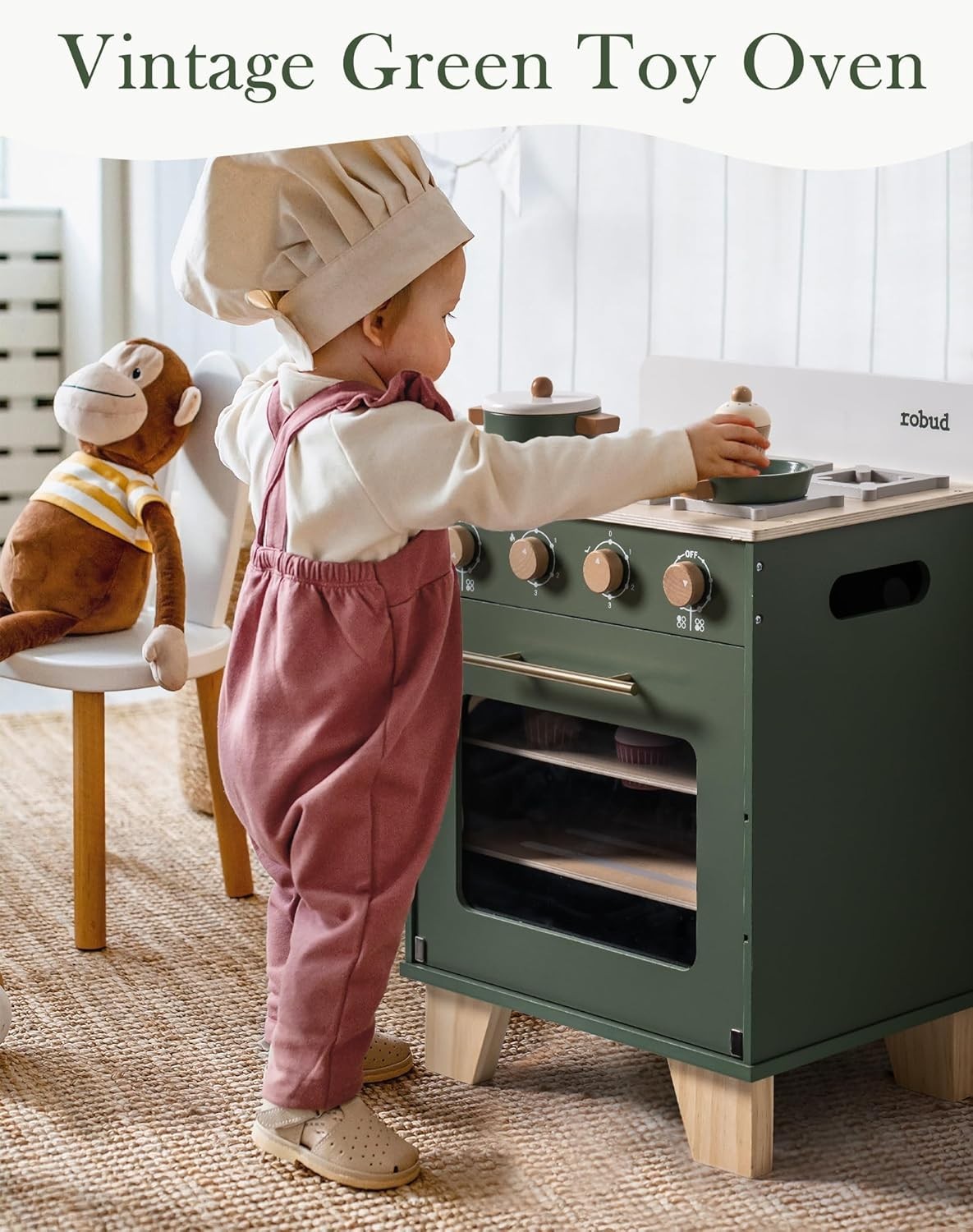 Wooden Kids Toy Oven Retro Play Kitchen Baking Set Green Toy