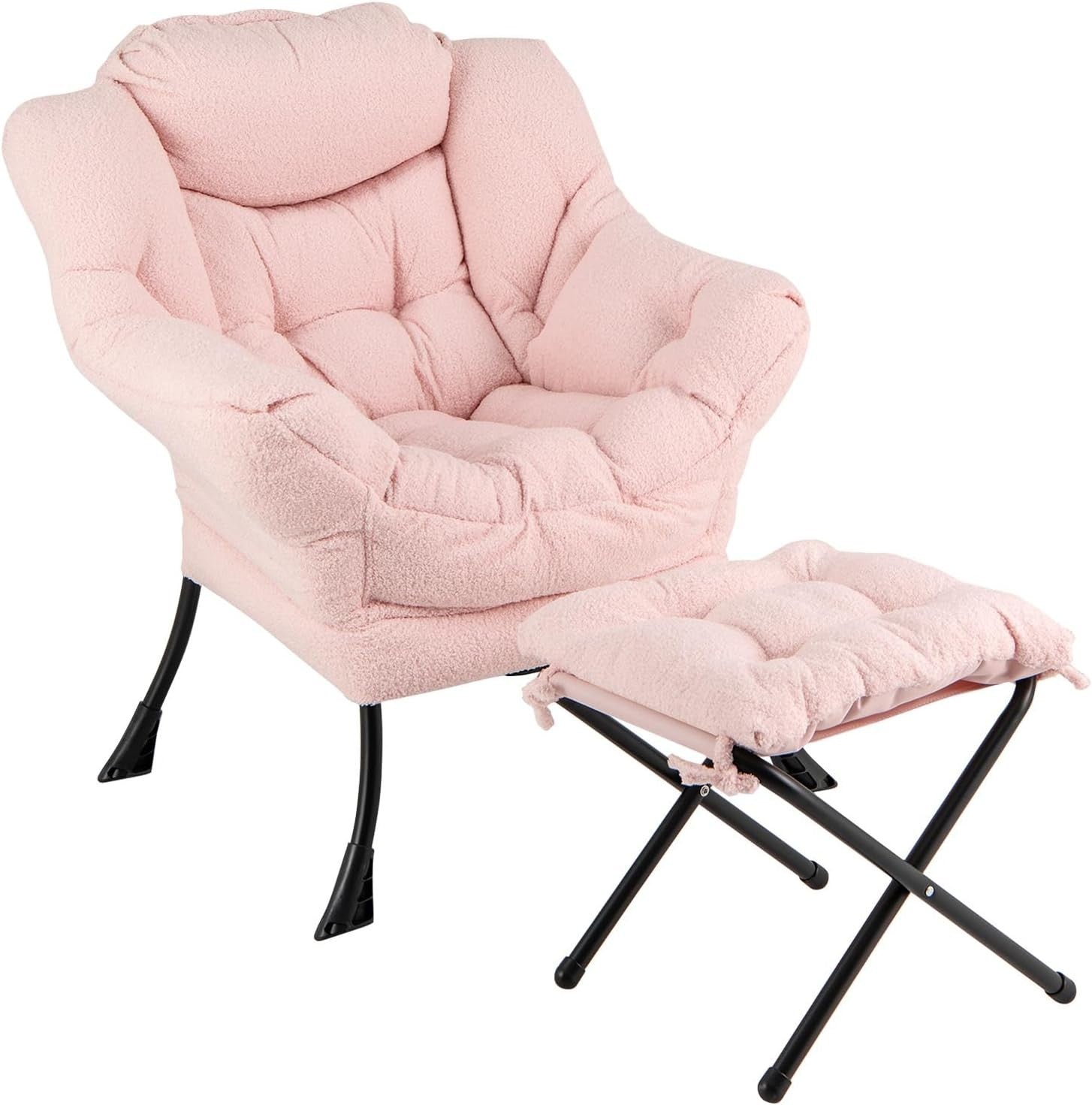 Pink Sherpa Accent Chair with Footstool Comfy Lounge Reading Armchair