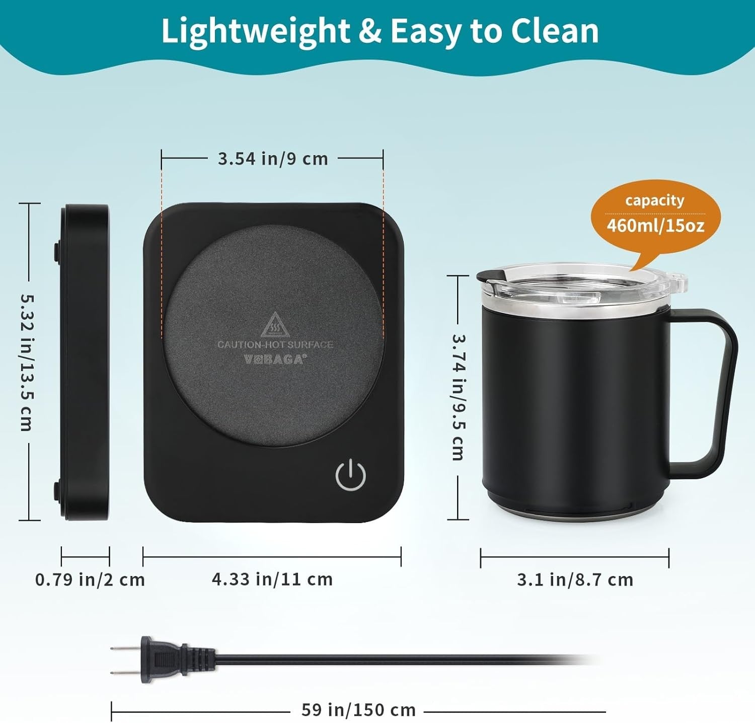 Black Coffee Mug Warmer & 15oz Stainless Steel Mug Set
