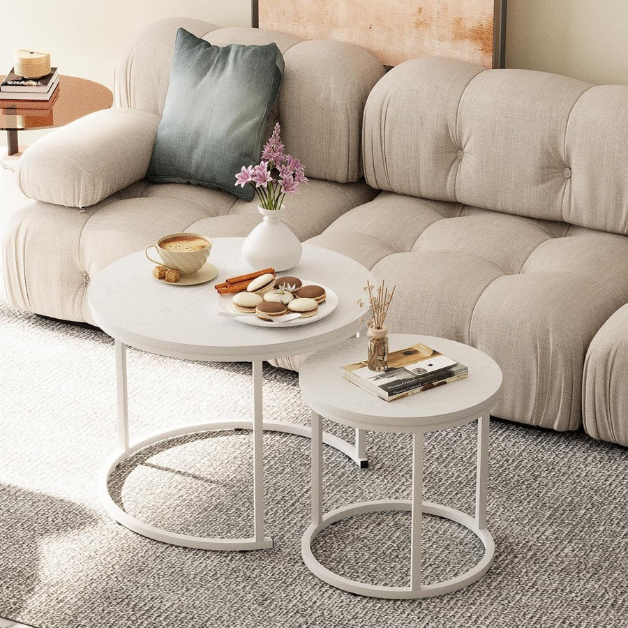 Nesting Coffee Table Set 2 Marble Top Round Modern Side End Tables White