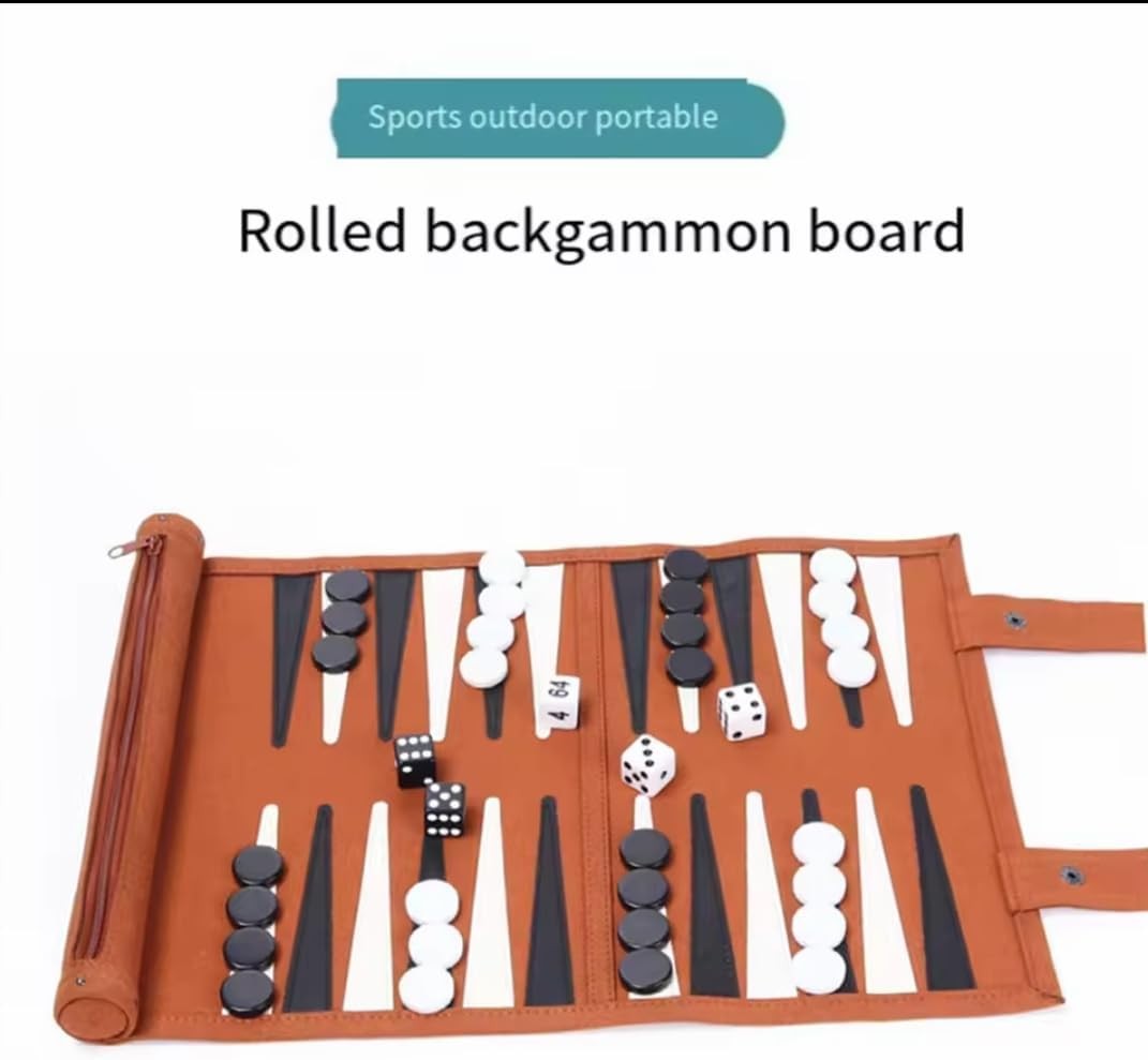 Portable Roll Up Backgammon Set Travel Board Game Faux Leather Case