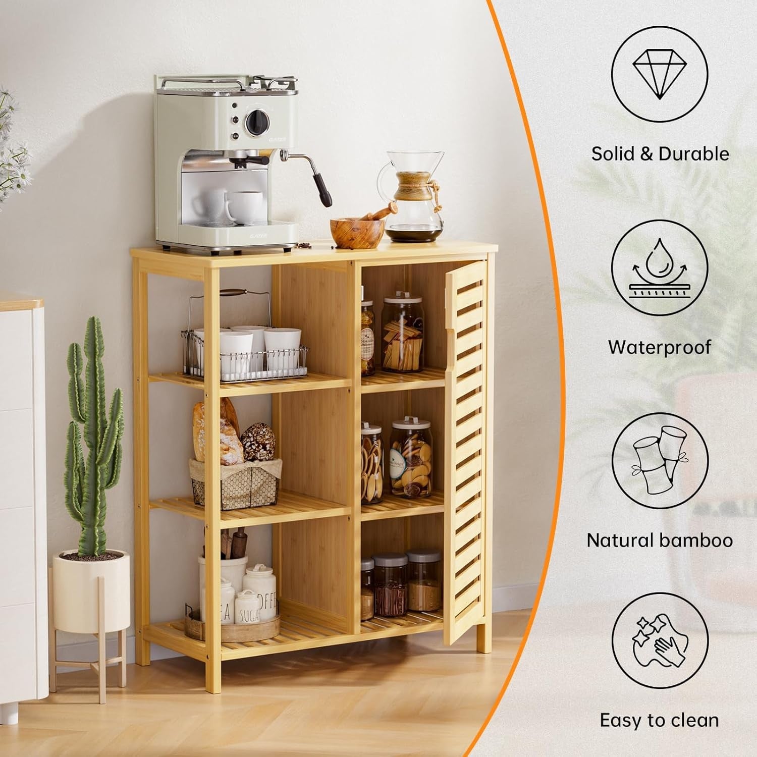 Natural Bamboo Storage Cabinet with Door & Shelves Modern 63x33x87cm