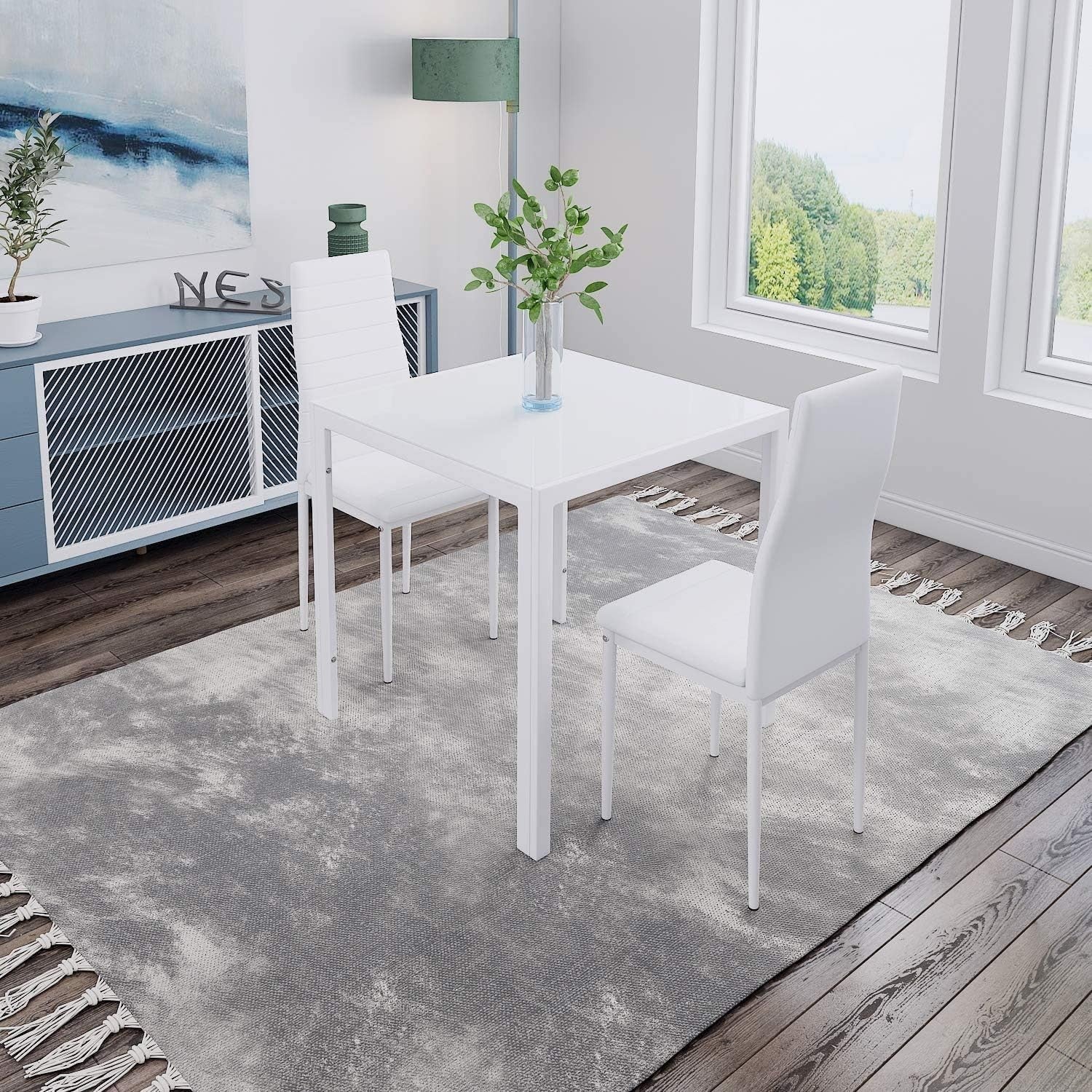 Modern 2-Seater White Glass Dining Table with Faux Leather Chairs