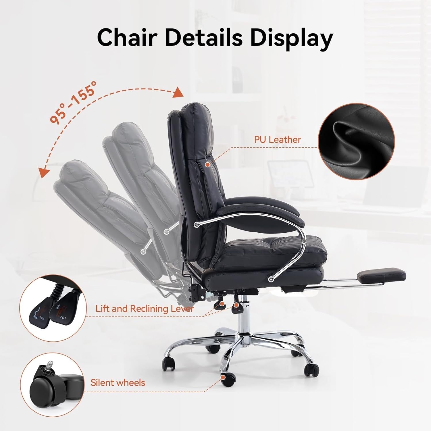 Office Chair Recliner Executive PU Leather Ergonomic Desk Gaming Footrest Black