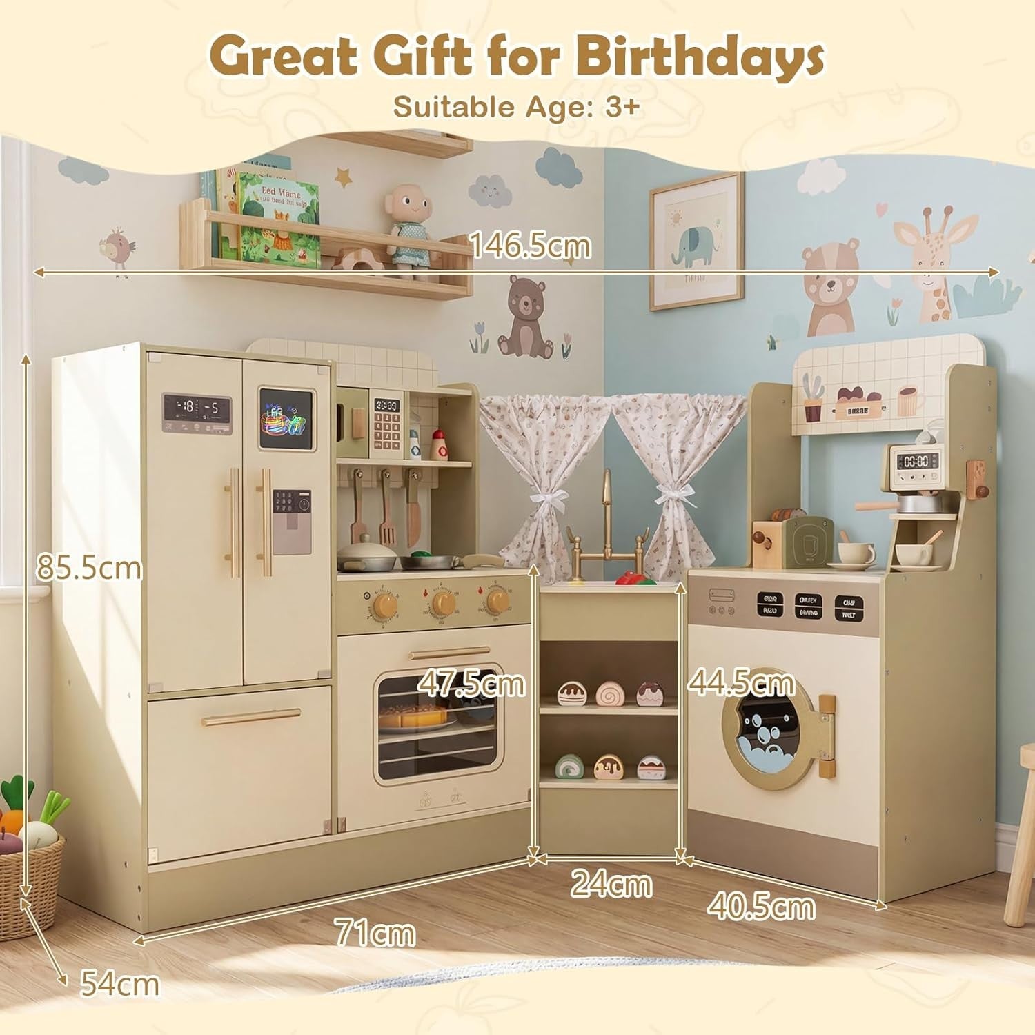 Corner Kids Play Kitchen Green w/ Fridge Coffee Maker Accessories