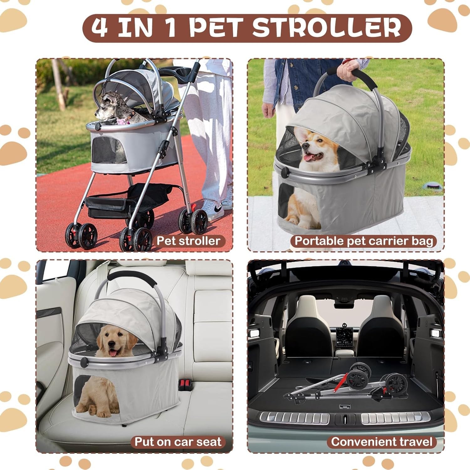 Pet Travel Stroller 3 in 1 Dog Cat Pushchair Folding Carrier Pram Grey