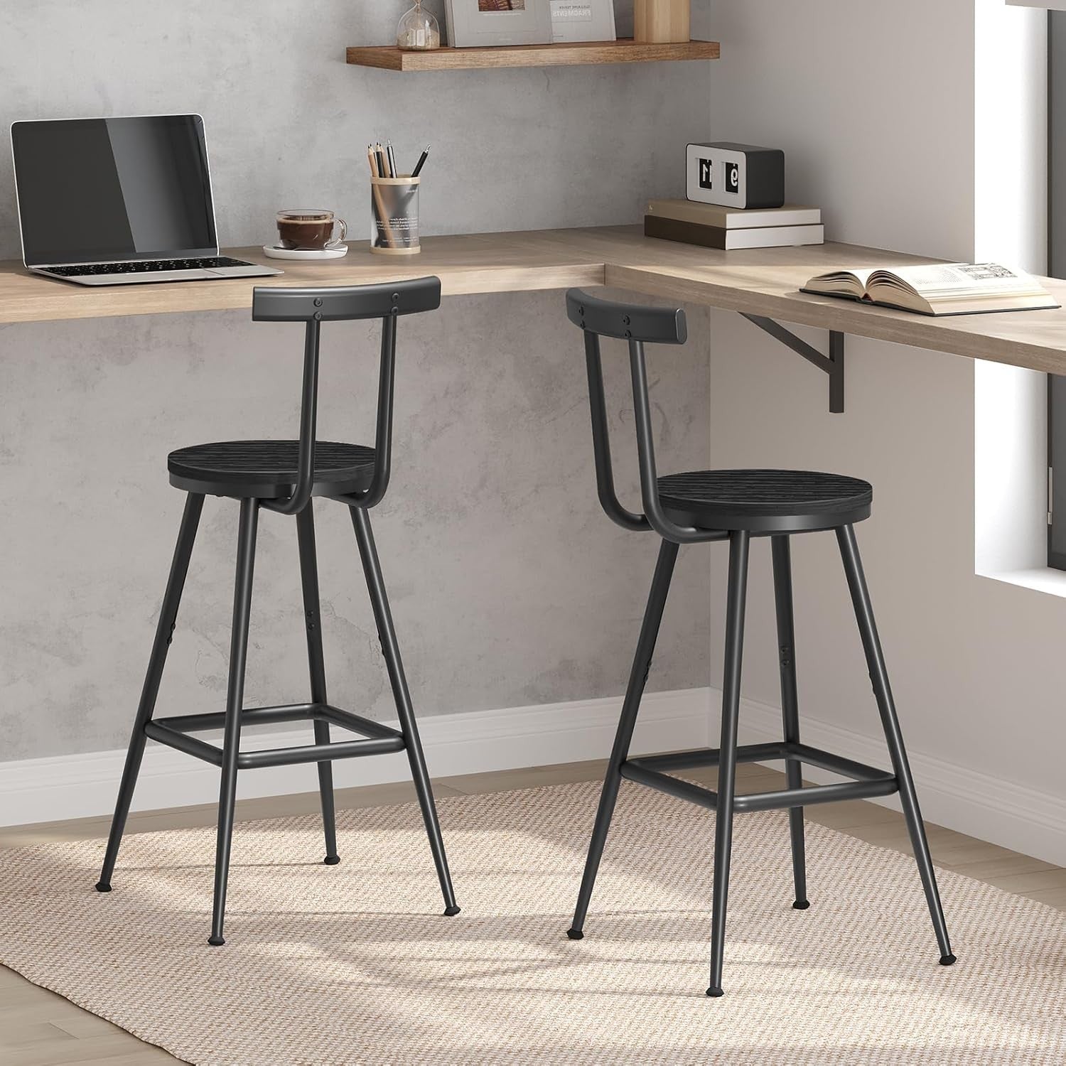 Modern Bar Stools Set of 2 with Backrest & Footrest 32x32x66cm Black
